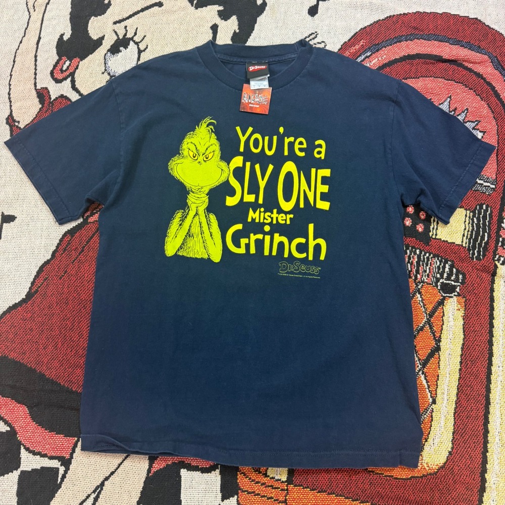 Dr Seuss The Grinch Sly One Graphic T-Shirt Mens Large Navy Blue 2008 Vintage L